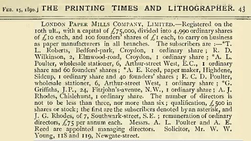 London Paper Mills Co Formation 1890