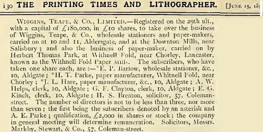 Wiggins Teape Floatation Withnell Fold Paper Mills 1890