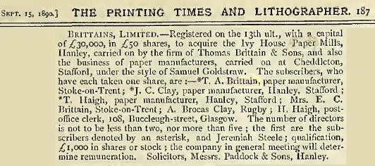 Brittains Co flotation Ivy Bridge Mill